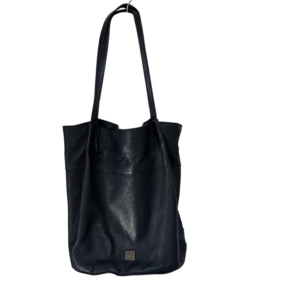Kooba Woven Leather and Denim Navy  Tote Slouchy Boho Coastal Chic Everyday Bag